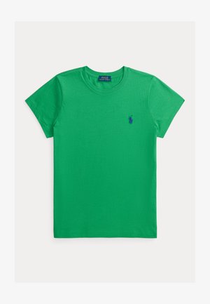 Zelené bavlnené tričko s krátkymi rukávmi, okrúhlym výstrihom a malým modrým logom koňa na ľavej strane hrudníka. Mäkká textúra a jednoduchý dizajn.