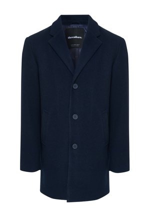 Manteau en mélange de laine marine avec un col à revers, quatre boutons à l'avant et poches latérales. Présente une texture lisse et une coupe ajustée.