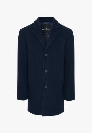 Cappotto in misto lana blu navy con colletto a vista, quattro bottoni frontali e tasche laterali. Presenta una texture liscia e una vestibilità tagliata.