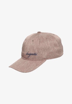 Light brown textured baseball cap with curved brim and embroidered "bugatti" logo on front panel.