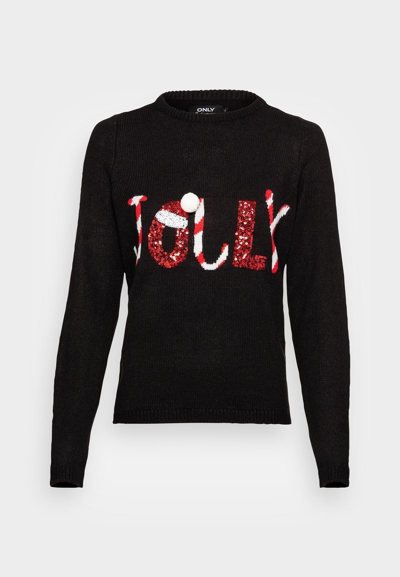 Pull en maille à manches longues noir avec "JOLLY" en sequins rouges et des rayures de sucre d'orge, avec un pompon blanc sur le "O".