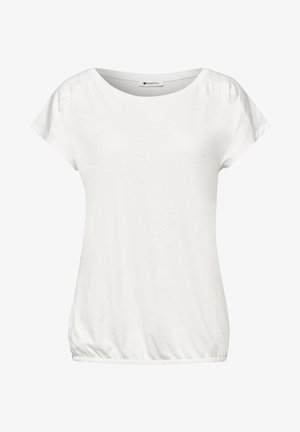 Weiße Kurzarmbluse mit rundem Ausschnitt, leichten Schulterfalten und gerafftem Saum, aus leichtem Stoff von Street One.