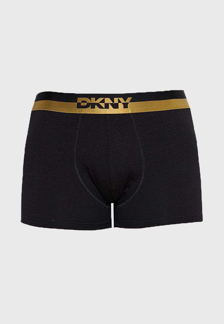 Schwarze Boxershorts mit einem goldenen DKNY-Logo am Bund. Verfügt über ein enganliegendes Design und einen weichen Stoff mit glatter Textur.