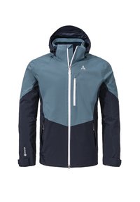 Herrenjacke in Dunkelblau und Teal, hergestellt aus leichtem, wasserdichtem Material. Sie verfügt über einen Reißverschluss vorne, eine Kapuze und verstellbare Bündchen.