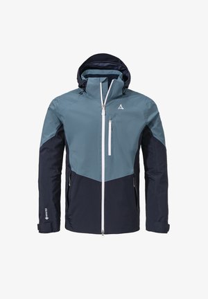 Herrenjacke in Dunkelblau und Teal, hergestellt aus leichtem, wasserdichtem Material. Sie verfügt über einen Reißverschluss vorne, eine Kapuze und verstellbare Bündchen.