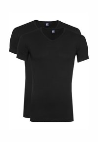 Twee zwarte T-shirts met korte mouwen en een V-hals ontwerp, gemaakt van zachte jersey-stof. Eenvoudige, getailleerde vorm zonder zichtbare patronen.