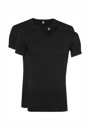 Twee zwarte T-shirts met korte mouwen en een V-hals ontwerp, gemaakt van zachte jersey-stof. Eenvoudige, getailleerde vorm zonder zichtbare patronen.
