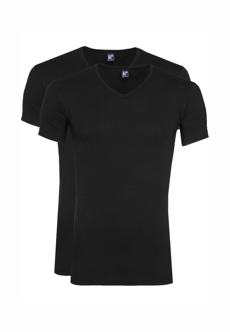 Twee zwarte T-shirts met korte mouwen en een V-hals ontwerp, gemaakt van zachte jersey-stof. Eenvoudige, getailleerde vorm zonder zichtbare patronen.