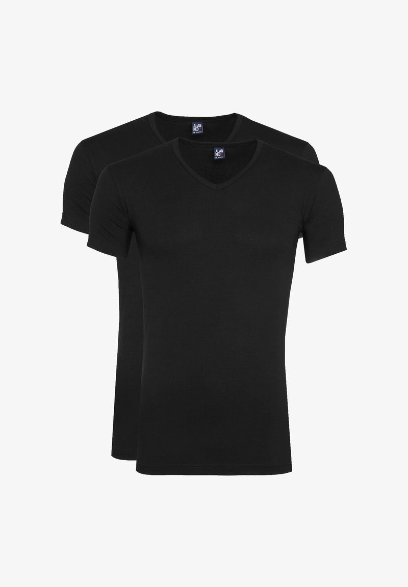 Twee zwarte T-shirts met korte mouwen en een V-hals ontwerp, gemaakt van zachte jersey-stof. Eenvoudige, getailleerde vorm zonder zichtbare patronen.