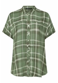 Camisa de cuadros verde de manga corta con cierre de botones en la parte delantera, cuello y dobladillo irregular. La tela tiene un aspecto ligero y texturizado.