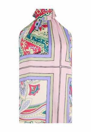 Haut à bretelles multicolore avec un col froncé, présentant des motifs complexes de paisley et géométriques en rose, vert et bleu sur un fond crème.