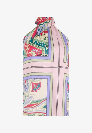 Top halter multicolore con collo arricciato, caratterizzato da intricati motivi paisley e geometrici in rosa, verde e blu su uno sfondo crema.