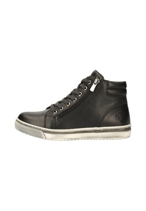 Black high-top leather sneaker with side zipper, black and white patterned laces, padded collar, and white rubber sole.