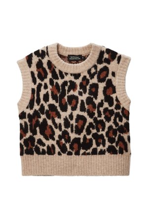 Gilet sans manches en maille beige avec motif léopard noir et marron, col, emmanchures et ourlet côtelés.
