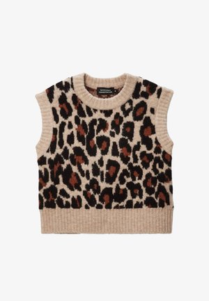Gilet sans manches en maille beige avec motif léopard noir et marron, col, emmanchures et ourlet côtelés.