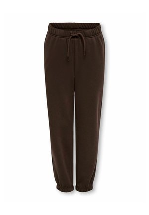 Pantaloni della tuta marrone scuro con vita con coulisse e polsini elastici, mostrati su sfondo bianco.