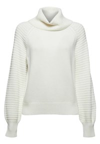 Pull blanc en maille avec manches longues texturées et col roulé ample, ourlet et poignets côtelés, présenté sur un fond uni.