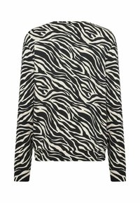 Zebra-patterned pullover sweater in black and cream, featuring long sleeves, a crew neckline, and a relaxed fit. Soft fabric texture.