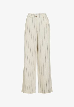 Pantaloni largi crem cu dungi subțiri verticale negre și închidere frontală cu nasturi.