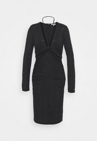 Robe noire à manches longues, décolleté en V profond, design froncé sur le devant, tissu texturé et petites dot embellissements métalliques tout au long.