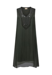 Ärmelloses Kleid in Dunkelgrün mit V-Ausschnitt, das kunstvolle schwarze Perlenstickereien und Pailletten entlang des Ausschnitts aufweist. Leicht und fließender Stoff.