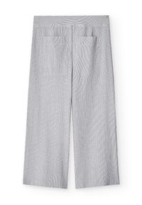Grijze, wijde broek met verticale strepen, gemaakt van een gladde stof, met twee achterzakken en een strakke tailleband.