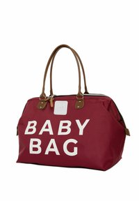 Borsa per bambini color mogano con grande testo bianco "Borsa per bambino." Presenta manici marroni, chiusura con zip e dettagli beige. Realizzata in tessuto resistente.