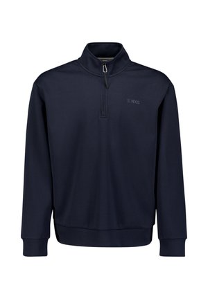 Navy blue long-sleeve pullover with high collar and half zipper, featuring small "NXS" logo on left chest.