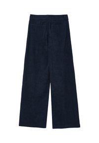 Pantaloni a gamba larga in corduroy blu navy con vita alta, dotati di due tasche posteriori e texture a righe verticali per un maggiore dettaglio visivo.