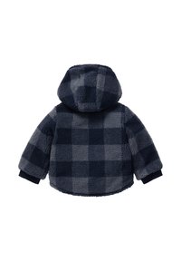 Fleecejacke in Marineblau und grau kariert, mit Kapuze und elastischen Bündchen. Weicher Stoff mit abgerundetem Saum.