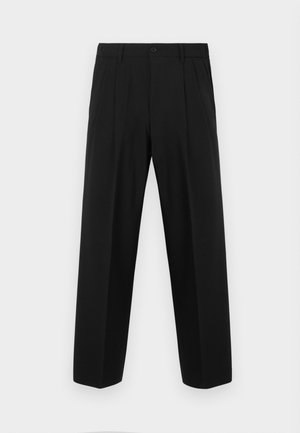 Black trousers made of fabric, featuring a pleated design, straight legs, a button closure, and belt loops at the waist.