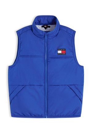 Blaue ärmellose Steppweste mit Frontreißverschluss, Stehkragen, zwei Seitentaschen und Tommy Hilfiger Logo-Patch auf der Brust.