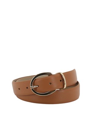 Brown leather belt with a gold-toned oval buckle and multiple adjustment holes, coiled against a white background.