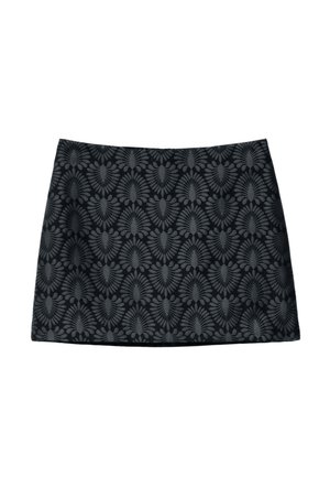Black mini skirt featuring a textured floral pattern with intricate leaf designs. Smooth fabric with a fitted cut and straight hem.