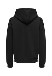 Mustat hupullinen collegepaita, jossa on sileä ja pehmeä tekstuuri, löysä istuvuus, tiputettu olkasauma sekä ribbaatut hihansuut ja helma.