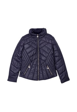 Doudoune matelassée bleu marine avec un col haut, présentant des coutures diagonales, deux poches latérales zippées et une texture lisse et brillante.