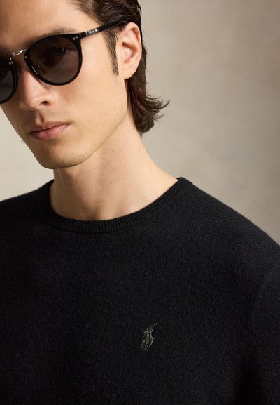 Mann mit schwarzen Sonnenbrillen und schwarzem Pullover mit kleinem besticktem Logo auf der Brust vor neutralem Hintergrund.