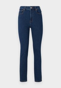 Tumedasinine teksapüksid kõrge vöökoha, sirge lõike, ees olevate taskutega ja kontrastse oranži õmblusega õmbluste ääres. Puhtad, minimalistlikud disain.