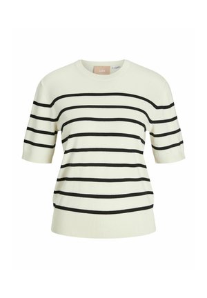 Cream short-sleeve sweater with black horizontal stripes, ribbed crew neck and hem, and soft cotton material.