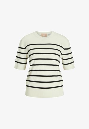Cream short-sleeve sweater with black horizontal stripes, ribbed crew neck and hem, and soft cotton material.