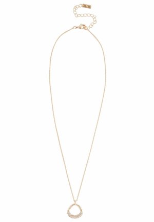 Goldfarbener Halsreifen mit einer zarten Kette und einem Tropfenanhänger, der am Boden mit einem funkelnden Kristallakzent versehen ist.