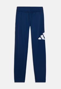 Pantalons de sport bleu marine avec une taille élastique et un cordon de serrage, deux poches latérales, et un logo en diagonale blanc sur la jambe gauche.