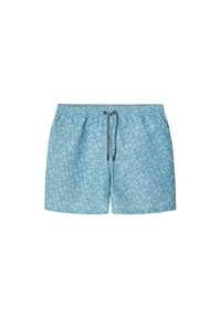 Costumi da bagno blu con motivo a foglia, cintura elastica con cordino regolabile e tessuto leggero per il massimo comfort.