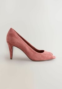 Scarpa con tacco alto in suede rosa per donna, con apertura a punta e tacco sottile di altezza media, mostrata di profilo su uno sfondo neutro.