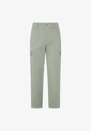 Helle grüne Cargo-Hosen aus Baumwolle, mit zwei Seitentaschen, Knopfverschluss und geradem Bein. Glatte Textur.