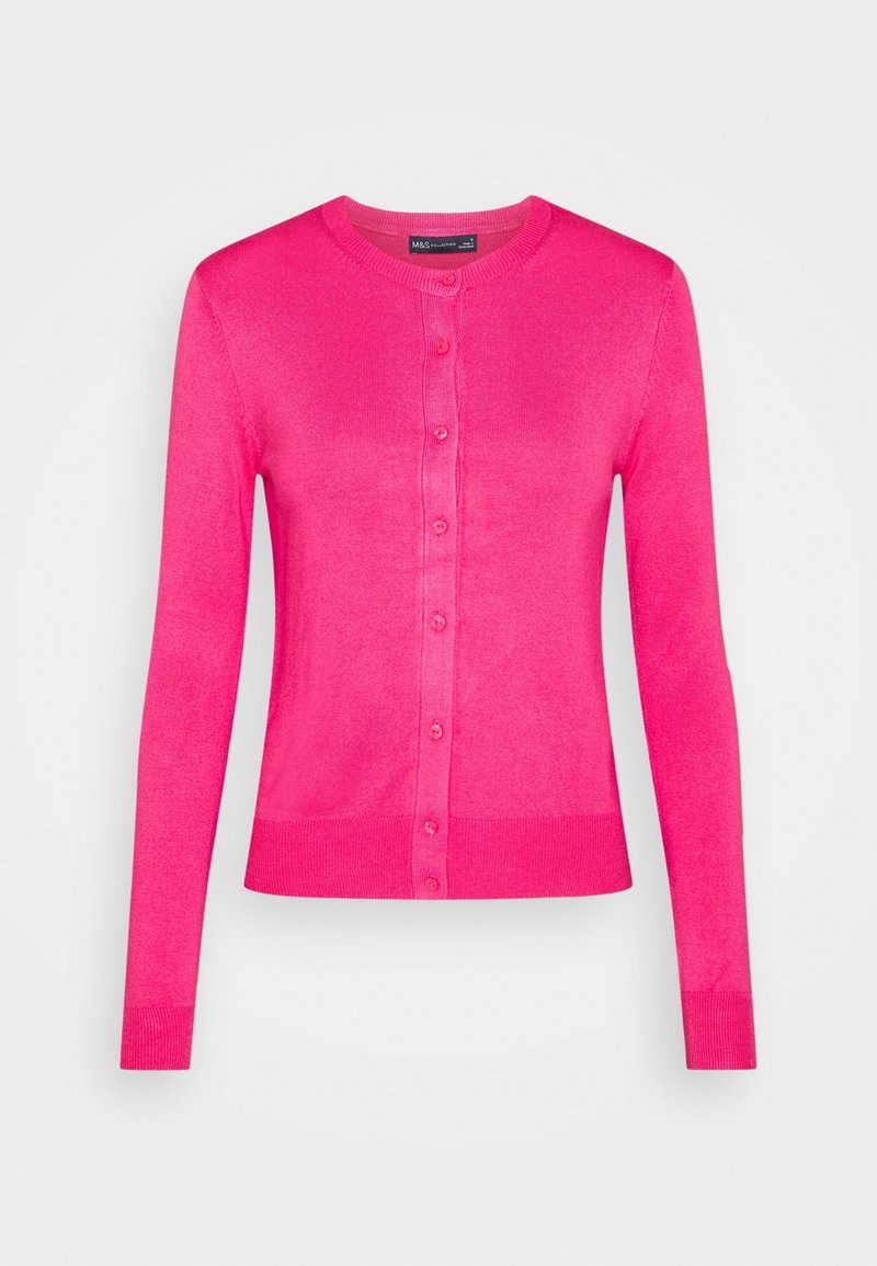 Cardigan rose vif à manches longues, boutonné sur le devant, avec encolure ronde et poignets et ourlet côtelés.