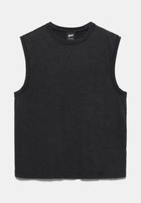 Débardeur noir sans manches avec col rond, bords bruts et petite étiquette de marque visible à l'intérieur de l'encolure.