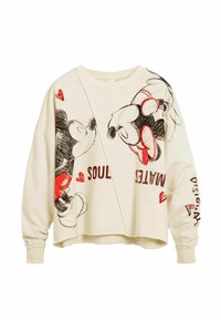 Roomkleurige sweatshirt met oversized pasvorm. Heeft een afbeelding van Mickey Mouse, rode hartjes en de tekst "SOULMATES" in zwart en rood. Verweerde zoom.