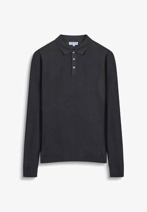 Zwarte lange mouwen polo-shirt met een kraag, drie-knopen placket en geribbelde manchetten. Gemaakt van een gladde, lichte stof.