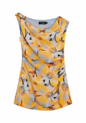 Top fără mâneci pentru femei cu model floral galben și gri și detaliu din țesătură adunată, decolteu rotund și etichetă de marcă Desigual.